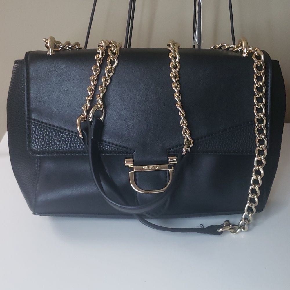 Black Leather Double Chain Handle Bag